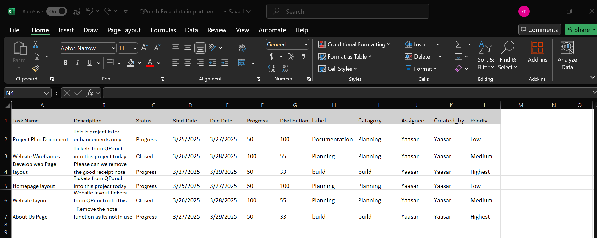 Excel Task Import